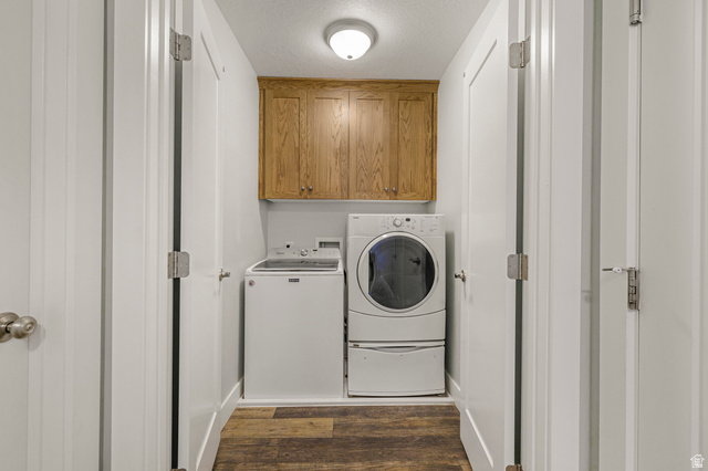 18573 South Marsh Valley Road Downey, ID 83234 - Photo 19 of 32 Laundry room with dark wood-style floors, cabinet space, washing machine and dryer, and a textured ceiling