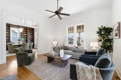 a living room with furniture and a potted plant