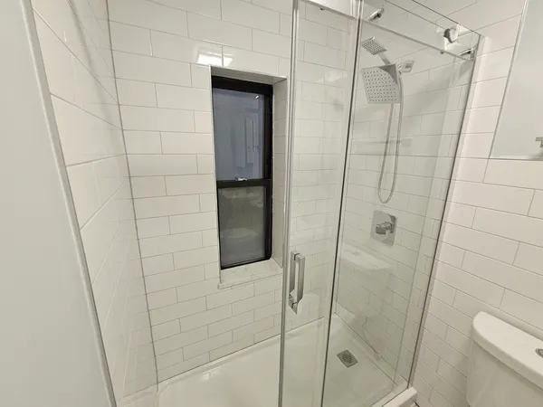 a bathroom with a shower and toilet