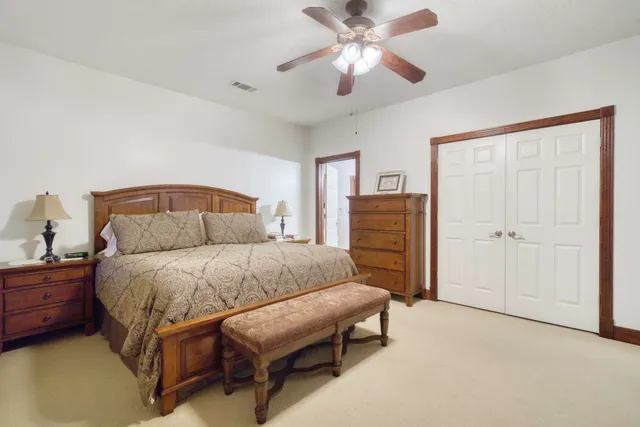 a bedroom with a bed dresser and a walk in closet