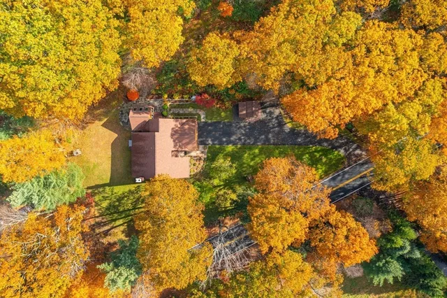 a backyard of a house with large trees