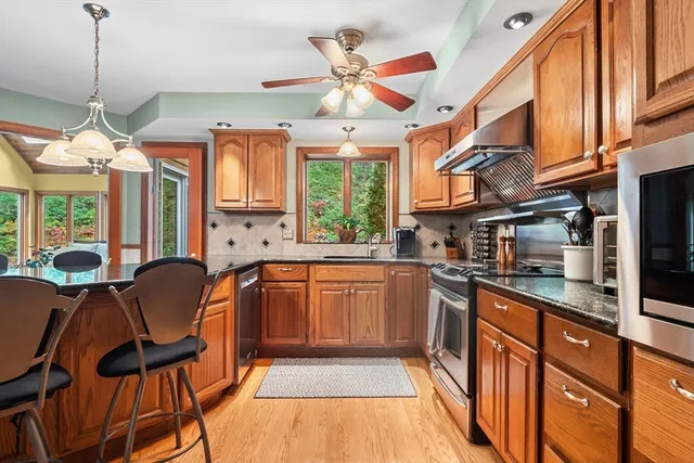 a kitchen with stainless steel appliances granite countertop a stove a sink dishwasher and a microwave oven with cabinets