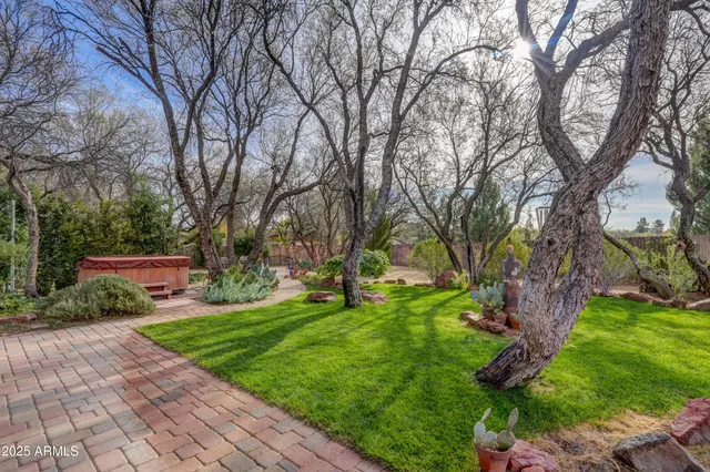a view of a backyard with large trees