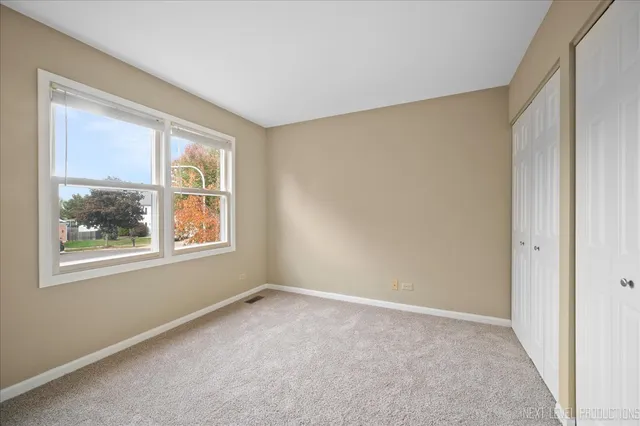 a view of an empty room with windows and closet