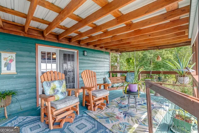 a view of a park with large trees