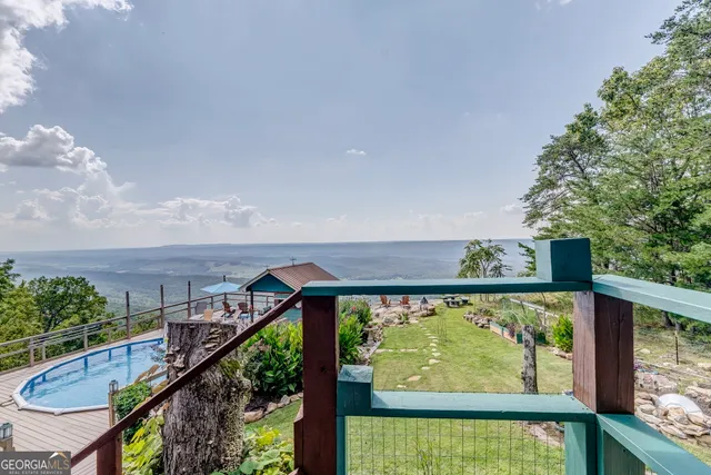 a view of a swimming pool with a big yard and large trees