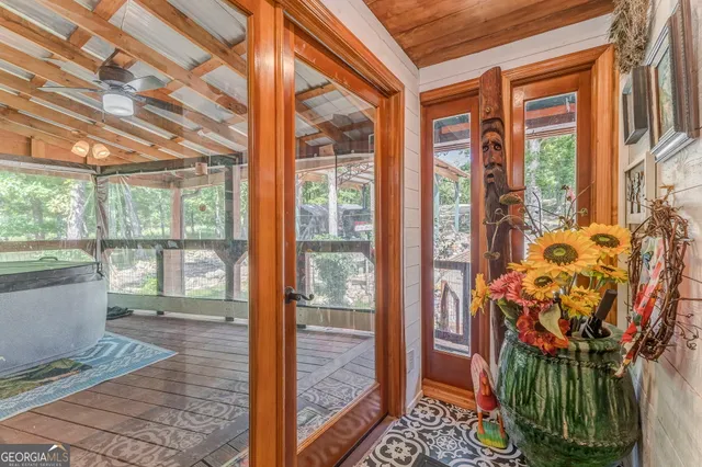 a view of a park with large trees