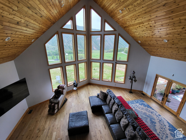 1406 South Bartholomew Cyn Road Springville, UT 84663 - Photo 3 of 19 Living area with light wood finished floors, french doors, high vaulted ceiling, and wooden ceiling