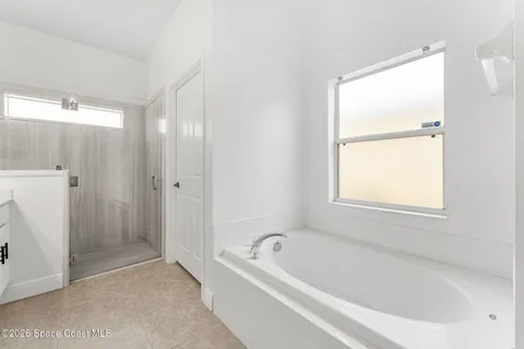 a bathroom with a double vanity sink mirror and shower