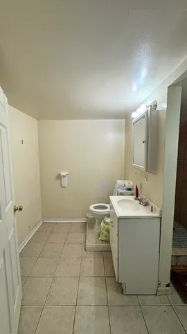 a bathroom with a sink a toilet and a mirror
