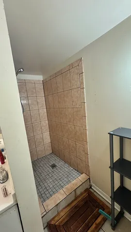 a bathroom with a sink and a shower