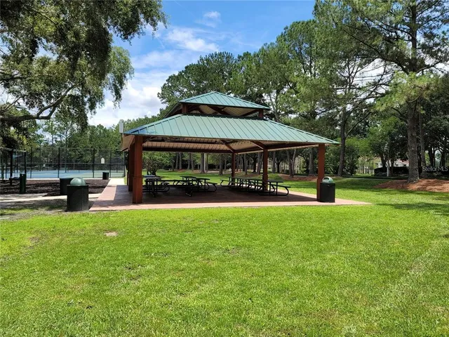 a view of park with large trees