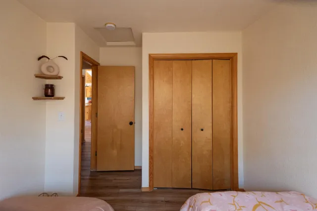 a view of a room with wooden floor closet and windows