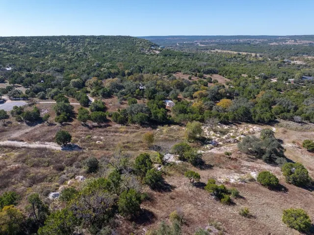 an aerial view of residential houses with outdoor space and trees
