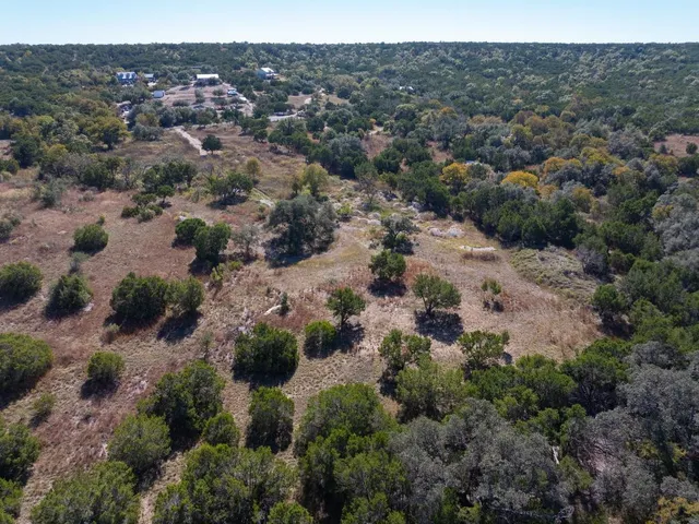 an aerial view of a town with trees