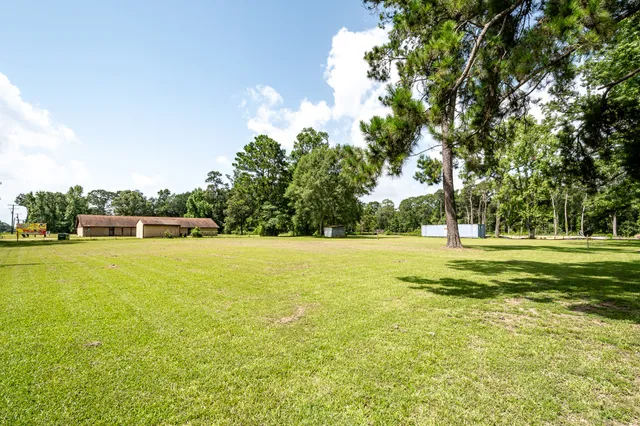 a view of a field with trees