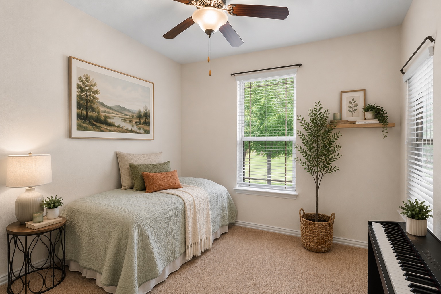 10413 Crescendo Lane Austin, TX 78747 - Photo 18 of 32 A well-lit bedroom features plush carpeting and a modern ceiling fan, offering a serene retreat.
