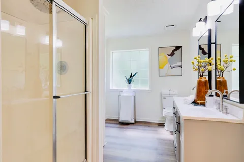 a view of a bathroom from a bathroom