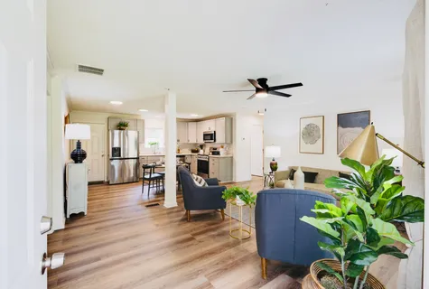 a living room with furniture and a potted plant
