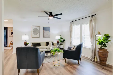a living room with furniture potted plant and a window