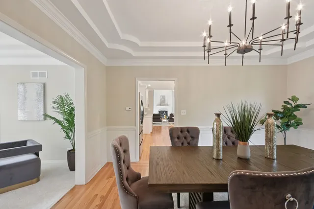 a dining room with furniture a potted plant and a rug