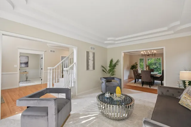 a living room with furniture and a potted plant