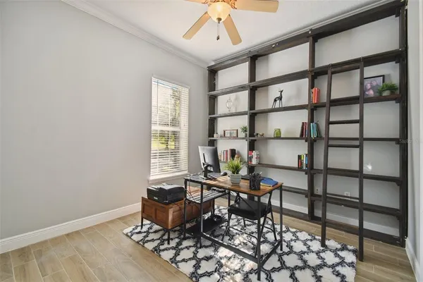 a living room with furniture hard wood floor and a ceiling fan