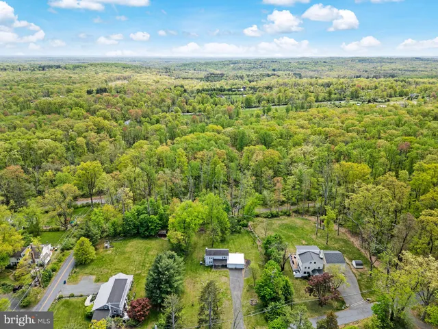 an aerial view of residential houses with outdoor space and trees