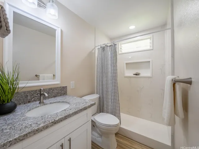 a bathroom with a granite countertop sink toilet and shower