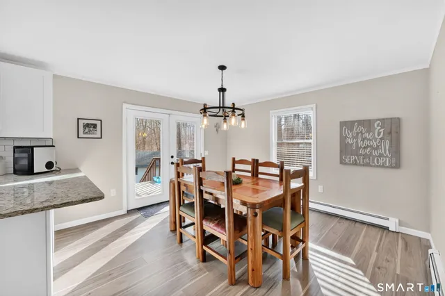 a view of a dining room with furniture and wooden floor