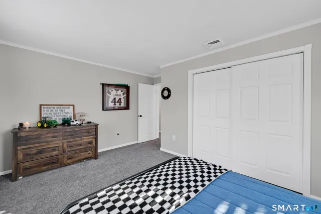 a view of a bedroom with furniture and cabinet