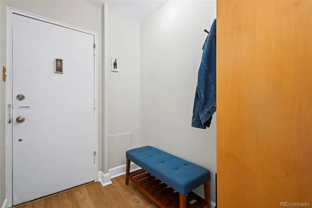 a view of a hallway with wooden floor and a potted plant
