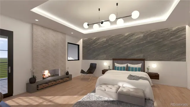 a bedroom with furniture and a chandelier
