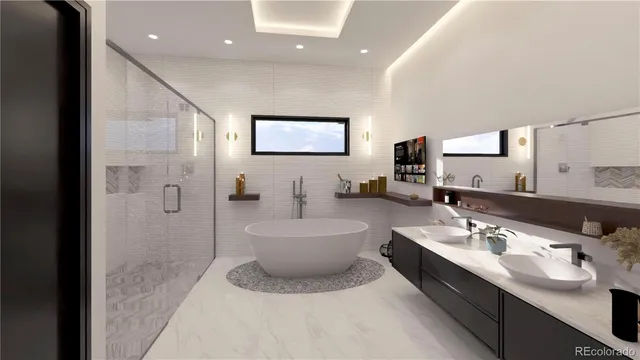 a bathroom with a double vanity sink a mirror and a bathtub