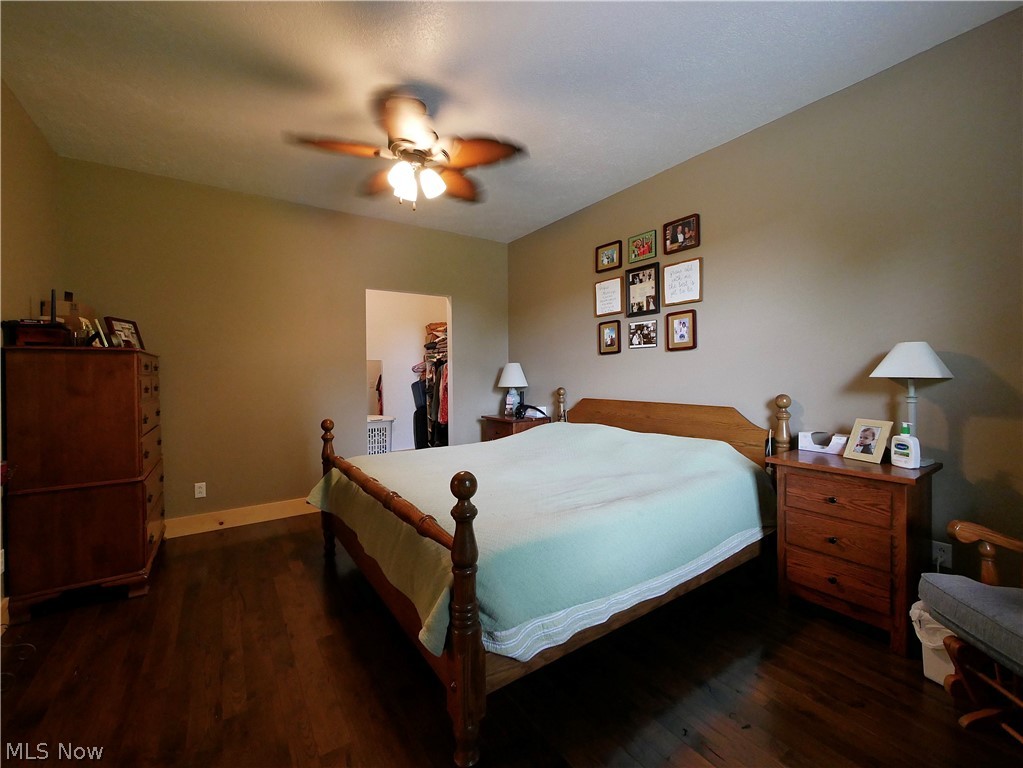 75450 Fair Road Freeport, OH 43973 - Photo 20 of 45 Bedroom featuring ceiling fan, a closet, a spacious closet, and dark hardwood / wood-style floors