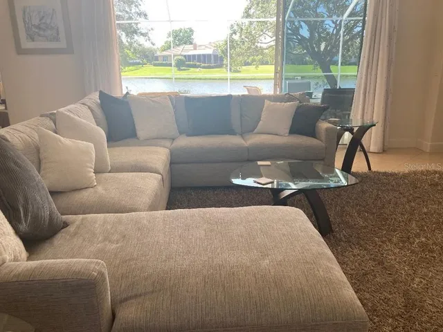 a living room with furniture and a potted plant