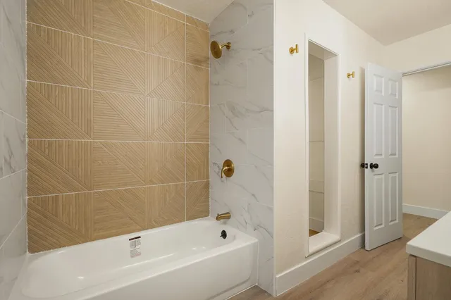 a bathroom with a bathtub and a shower