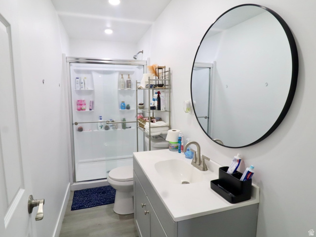 8240 Cascade Vw Way Magna, UT 84044 - Photo 16 of 18 Full bath featuring vanity, a shower stall, and light wood-type flooring
