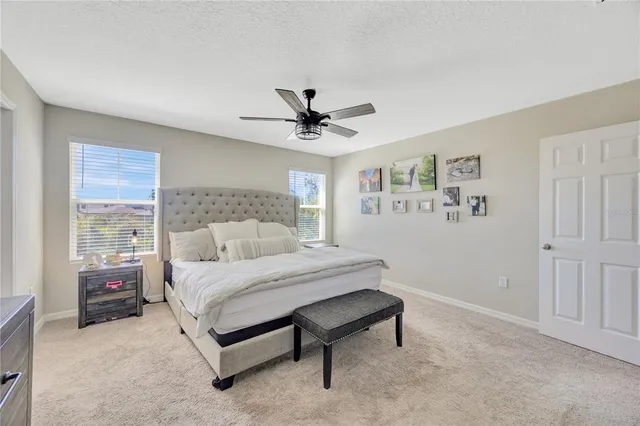 a bedroom with a bed and a ceiling fan