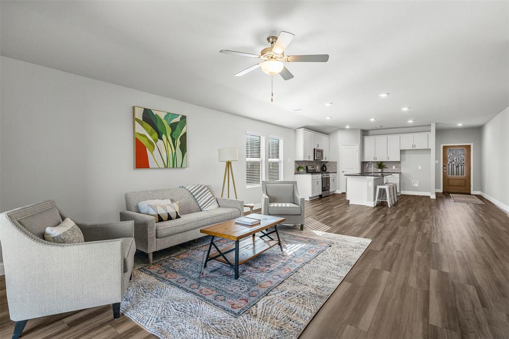 10508 Brookshire Road Fort Worth, TX 76126 - Photo 8 of 31 Living area featuring recessed lighting, dark wood-style floors, and a ceiling fan