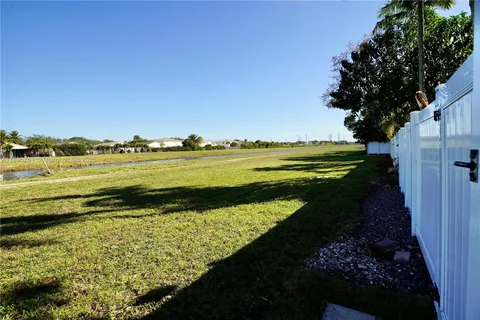 a view of a yard with plants and trees