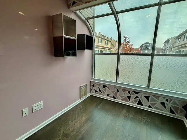 a view of a pool with window