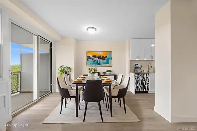 a view of a dining room with furniture