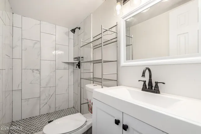 a bathroom with a sink toilet and shower