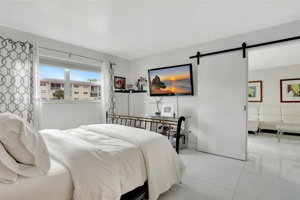a bedroom with a bed and a flat screen tv