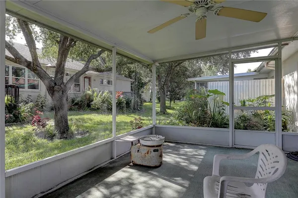 a view of a patio with couches plants and large trees