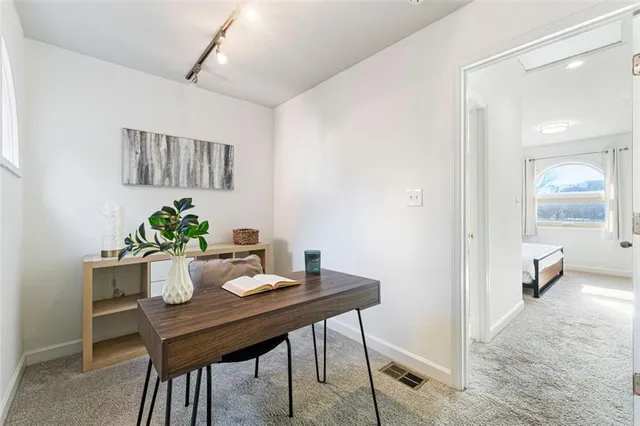 a view of a workspace with furniture and a potted plant