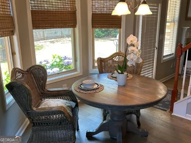 a view of a dining room with furniture window and wooden floor