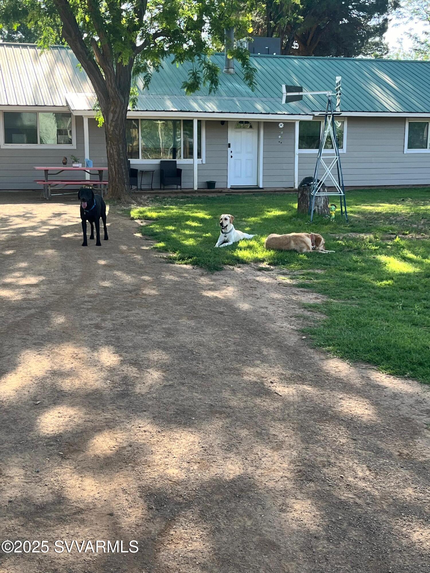 a view of backyard of house with outdoor seating and green space