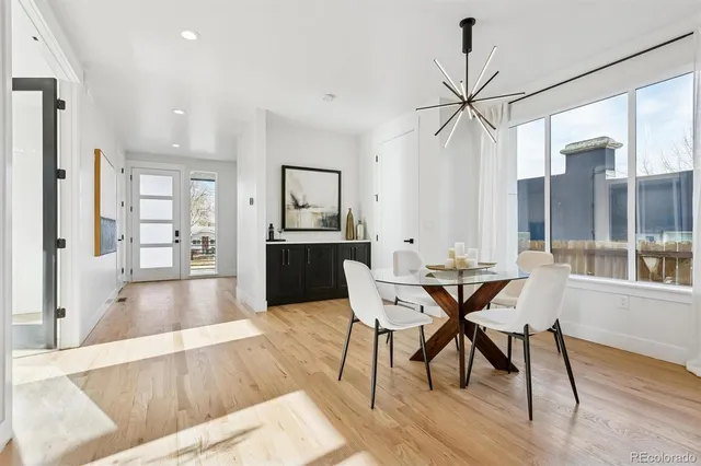 a view of a dining room with furniture window and wooden floor